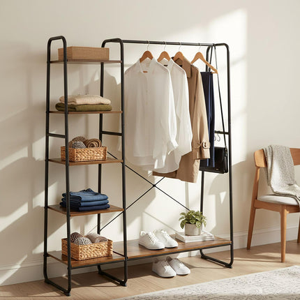 Coat Rack with Shoe Shelf, Metal Frame, Wood Shelves