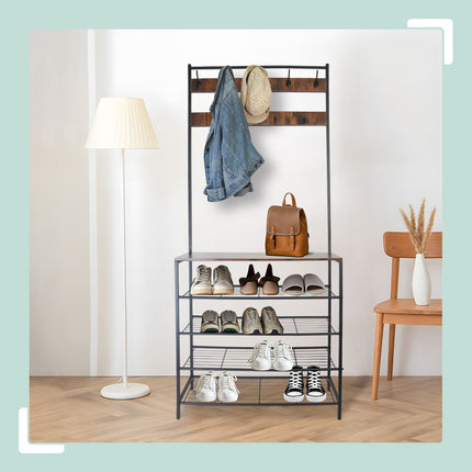 Coat Rack with Shoe Storage – Iron, 2 Hook Rails, 4 Shelves