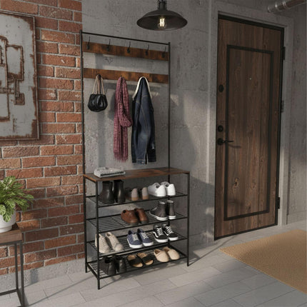 Coat Rack with Shoe Storage – Iron, 2 Hook Rails, 4 Shelves