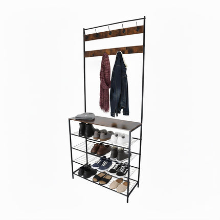 Coat Rack with Shoe Storage – Iron, 2 Hook Rails, 4 Shelves