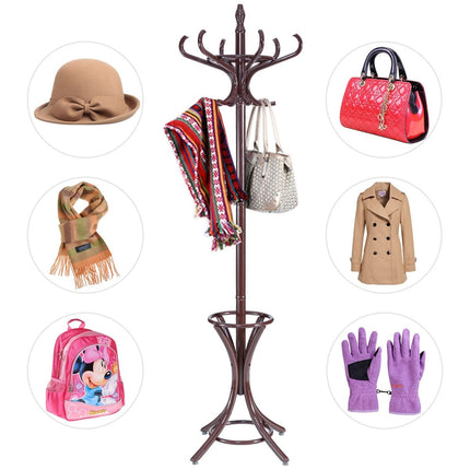 Coat Rack with Umbrella Stand, 12 Hooks, Brown
