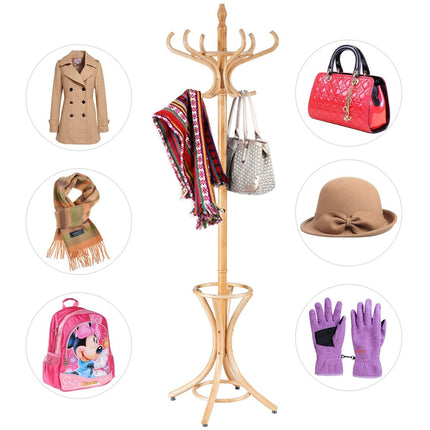 Coat Rack with Umbrella Stand, 12 Hooks, Natural Wood