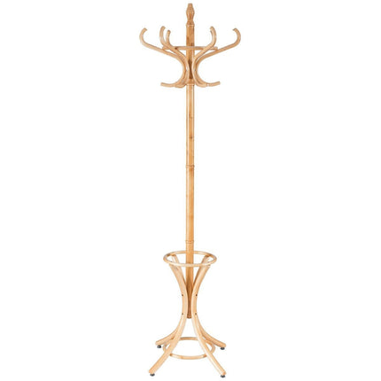 Coat Rack with Umbrella Stand, 12 Hooks, Natural Wood