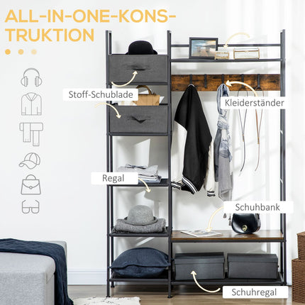 Rustic brown coat hanger with bench & fabric drawers, 185cm