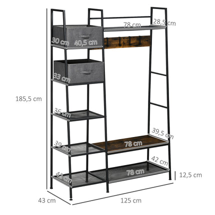 Rustic brown coat hanger with bench & fabric drawers, 185cm