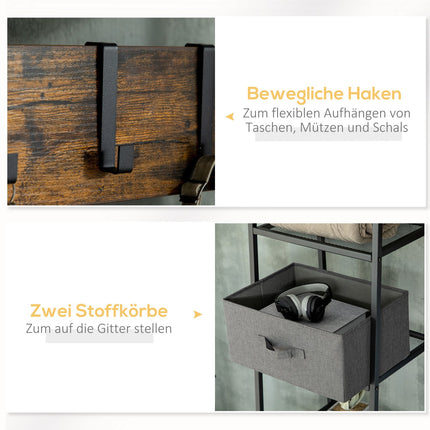 Rustic brown coat hanger with bench & fabric drawers, 185cm