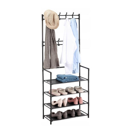 Coat Stand & Shoe Rack with 4 Tiers and 8 Hooks