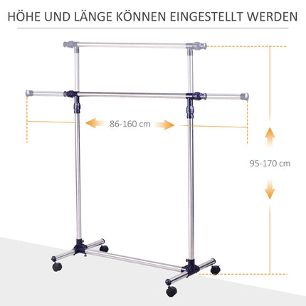 Adjustable clothes rack with wheels - stainless steel rail