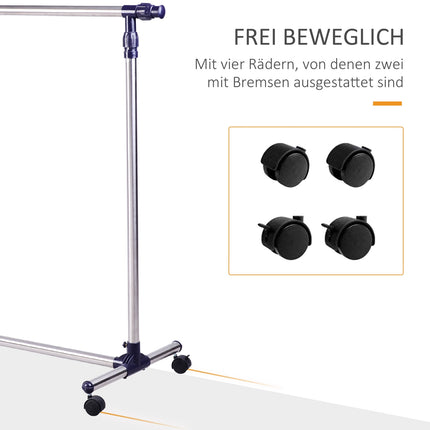 Adjustable clothes rack with wheels - stainless steel rail