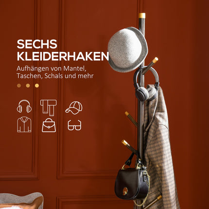 Standing metal coat hanger, 6 hooks, walnut finish, 180 cm