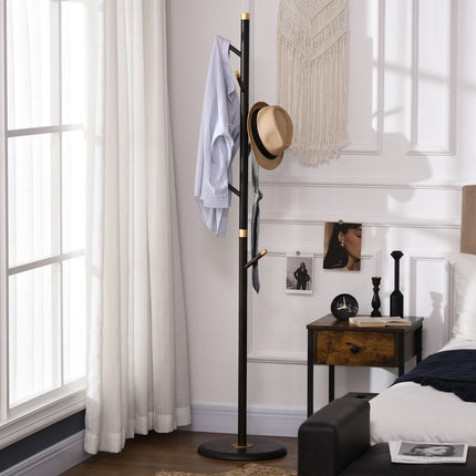 Standing metal coat hanger, 6 hooks, walnut finish, 180 cm