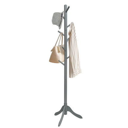 Coat rack with 8 hooks, wooden clothes rack, height adjustable, 175 cm, grey