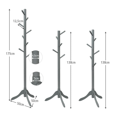 Coat rack with 8 hooks, wooden clothes rack, height adjustable, 175 cm, grey
