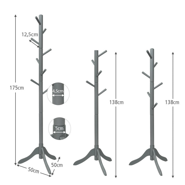 Kapstok met 8 haken, houten kledingrek, in hoogte verstelbaar, 175 cm, grijs