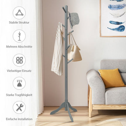 Coat rack with 8 hooks, wooden clothes rack, height adjustable, 175 cm, grey