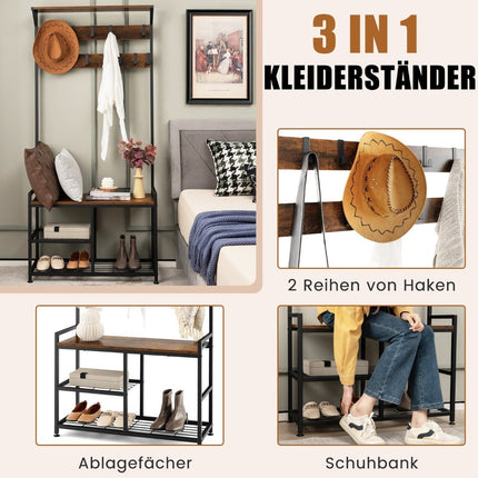 Coat stand with 9 hooks & shoe rack 3 levels coat rack industrial design brown