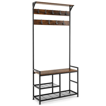 Coat stand with 9 hooks & shoe rack 3 levels coat rack industrial design brown