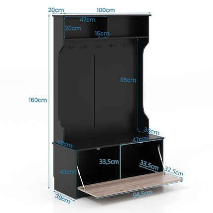 Coat stand with bench & 5 double hooks coat rack hallway coat rack 100 x 40 x 160 cm black