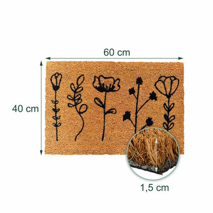 Coconut Fibre Doormat, Botanical Design, 60x40 cm
