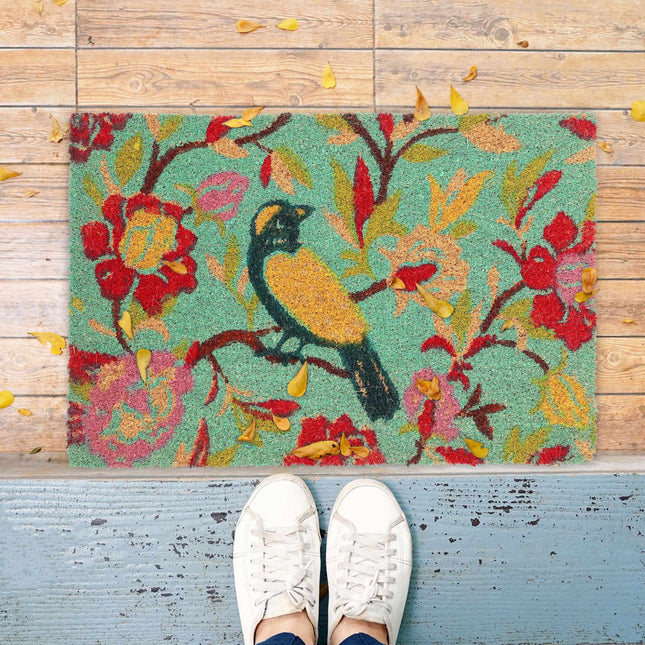Coconut fiber doormat with bird motif