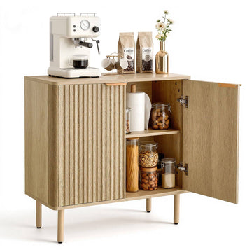 Coffee Bar Cabinet, Fluted Oak, 2 Barn Doors, 80 cm