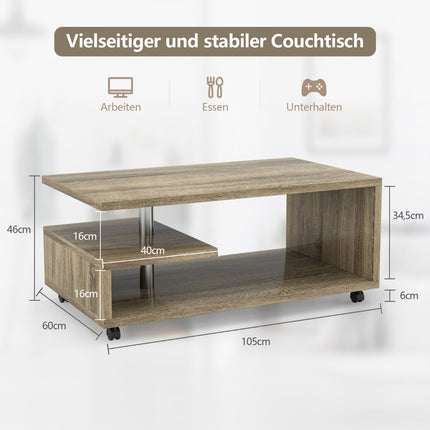 Coffee Table 105x60x46 cm, 2 Shelves, Locking Castors