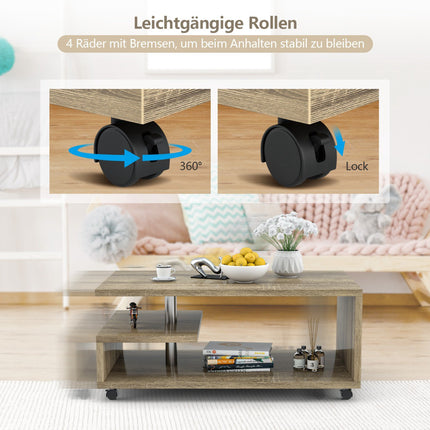Coffee Table 105x60x46 cm, 2 Shelves, Locking Castors