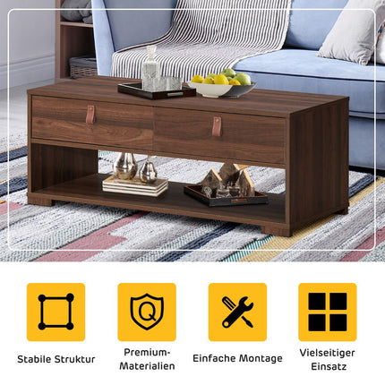 Coffee Table, 2 Drawers and Open Shelf, Walnut Black