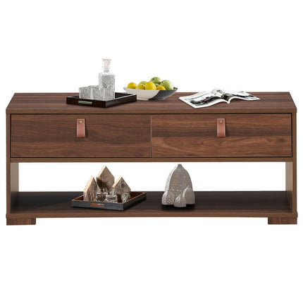 Coffee Table, 2 Drawers and Open Shelf, Walnut Black
