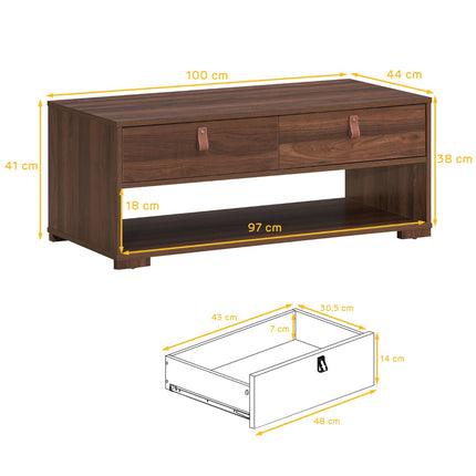Coffee Table, 2 Drawers and Open Shelf, Walnut Black