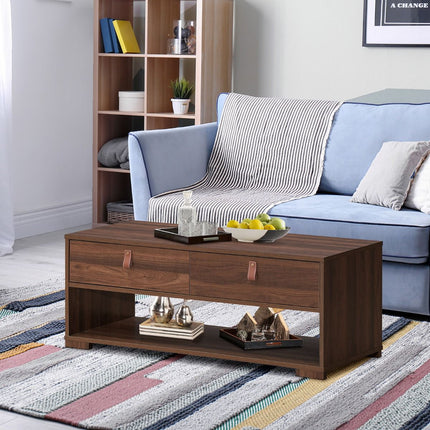 Coffee Table, 2 Drawers and Open Shelf, Walnut Black