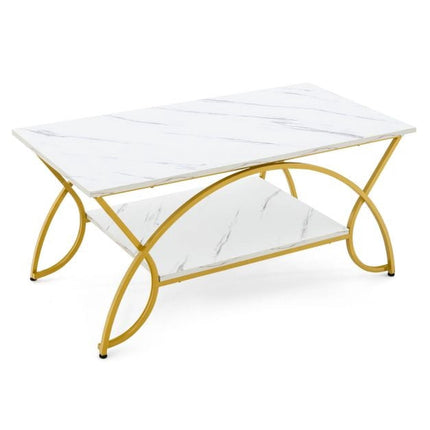 Coffee Table, 2-Tier Faux Marble Top, Gold Metal Frame