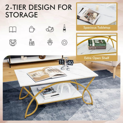 Coffee Table, 2-Tier Faux Marble Top, Gold Metal Frame