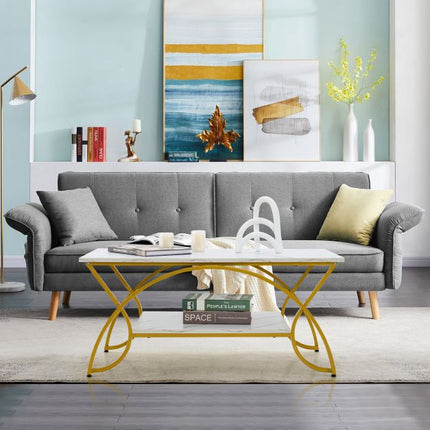 Coffee Table, 2-Tier Faux Marble Top, Gold Metal Frame