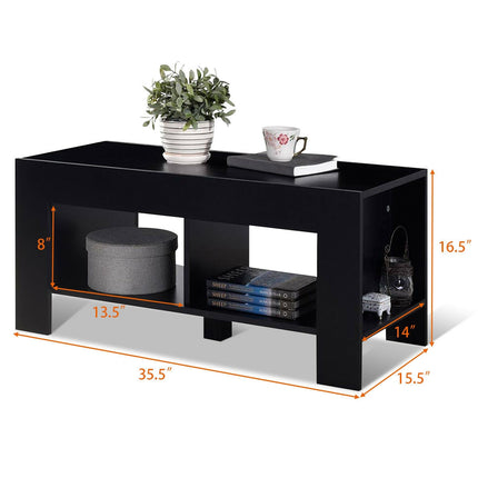Coffee Table, 2-Tier Wood with Storage Shelf, Black
