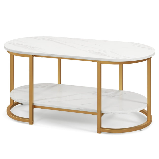 Coffee Table, Faux Marble Top, 2-Tier Storage Shelf