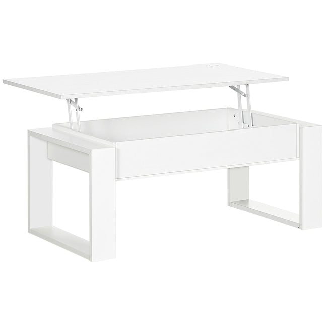 Height-adjustable white coffee table with hidden storage