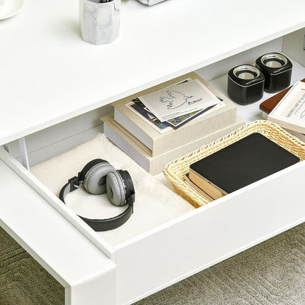 Height-adjustable white coffee table with hidden storage