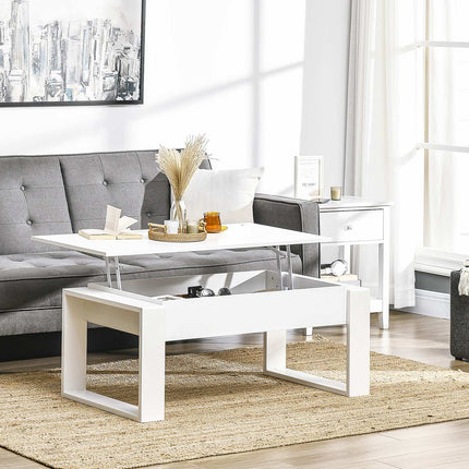 Height-adjustable white coffee table with hidden storage