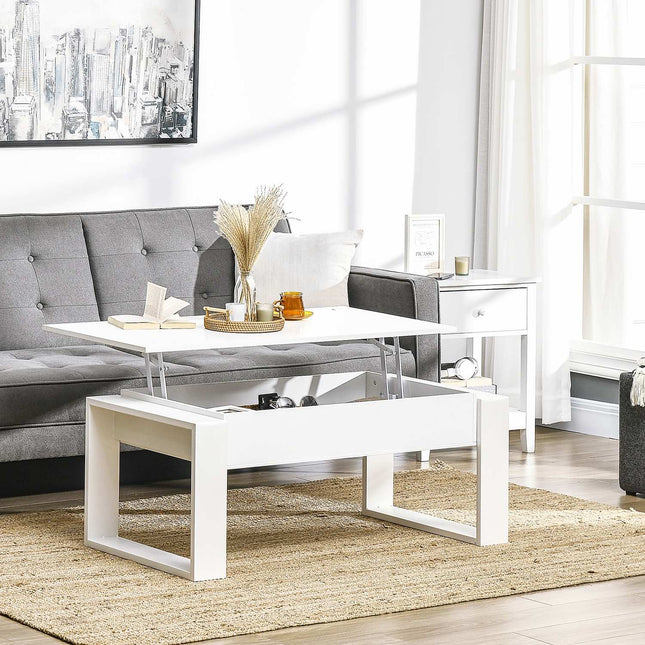 Height-adjustable white coffee table with hidden storage