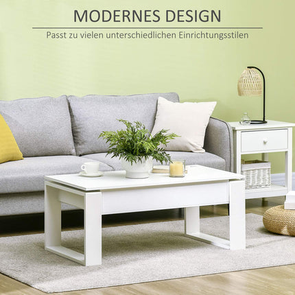 Height-adjustable white coffee table with hidden storage