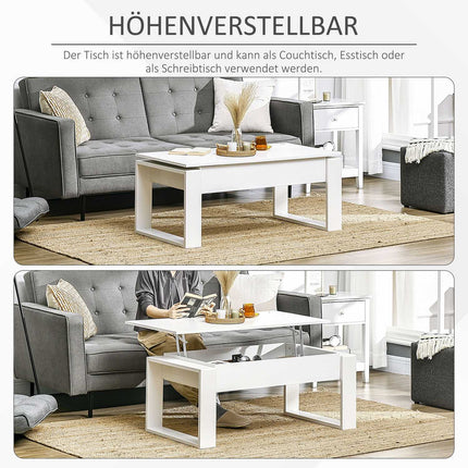 Height-adjustable white coffee table with hidden storage