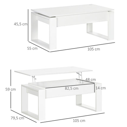 Height-adjustable white coffee table with hidden storage