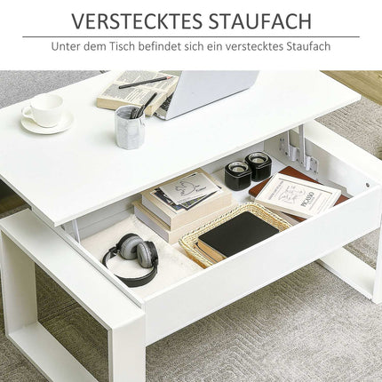 Height-adjustable white coffee table with hidden storage