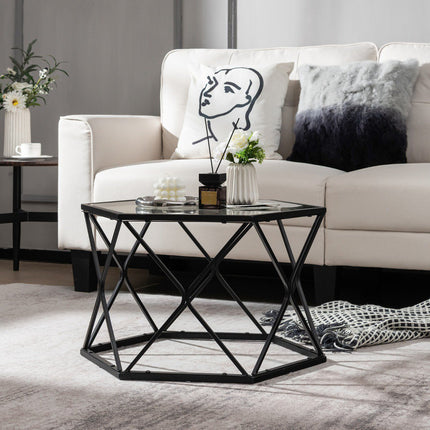 Coffee Table, Hexagon Tempered Glass Top, Metal Legs