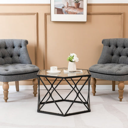 Coffee Table, Hexagon Tempered Glass Top, Metal Legs