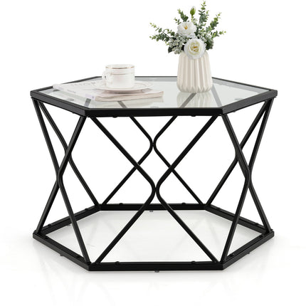Coffee Table, Hexagon Tempered Glass Top, Metal Legs
