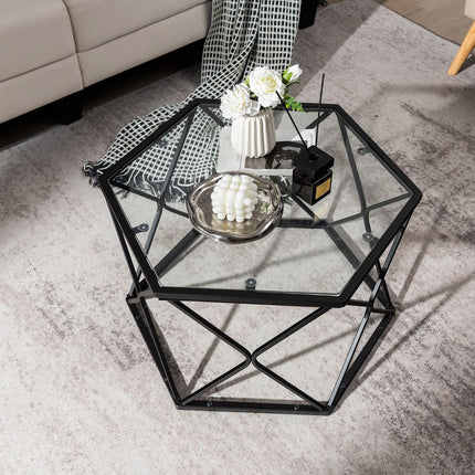 Coffee Table, Hexagon Tempered Glass Top, Metal Legs