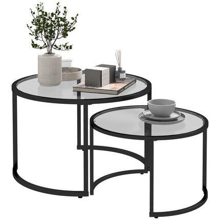 Coffee table set of 2 - Black steel frame, tempered glass