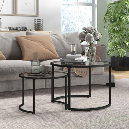 Coffee table set of 2 - Black steel frame, tempered glass